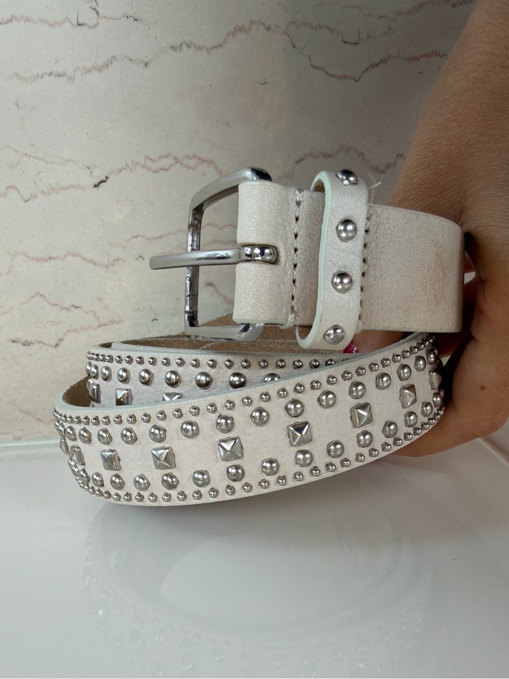 J.Crew Women's Cream Leather Belt with Silver Studs